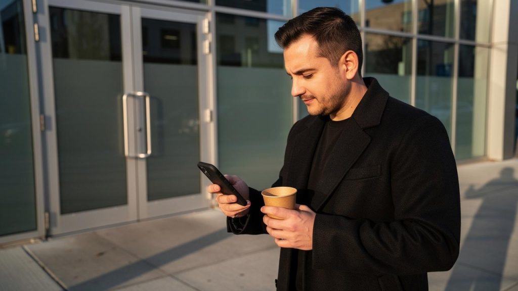 Muškarac stoji ispred staklene zgrade držeći telefon i papirnu čašu kafe