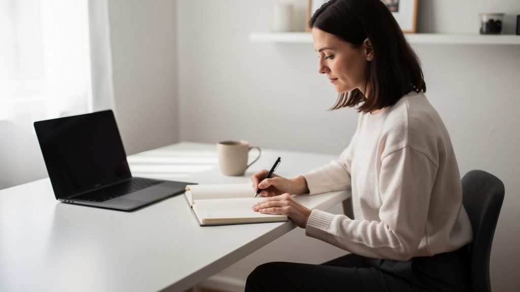 Žena sedi za stolom i piše u svesku pored laptopa i šolje kafe